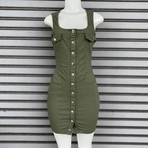 Fashion Nova Rollin With My Friends Twill Mini Olive Dress Size L - Picture 2 of 14
